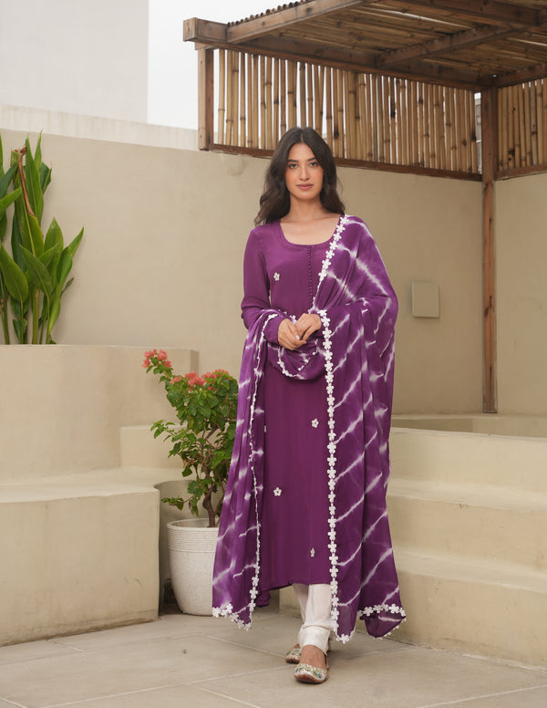 Purple Silk Embroidered Leheriya Suit Set
