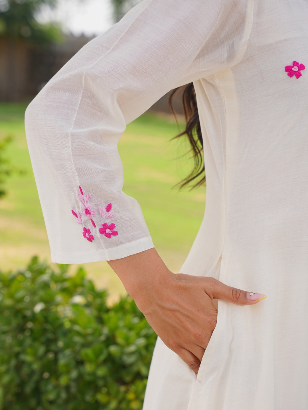 Off White Petal Handwork Chanderi A-Line Kurta Set