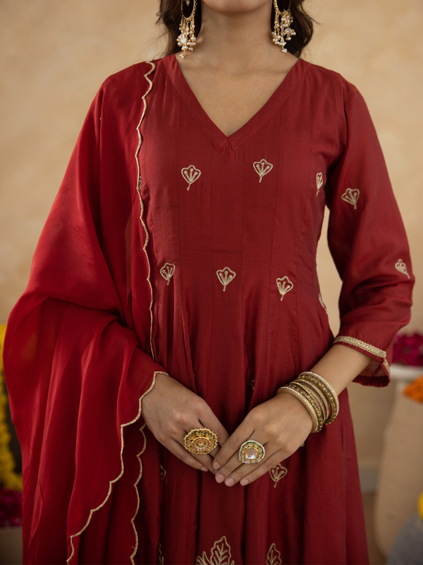 Maroon Floral Aari Embroidered Anarkali Set