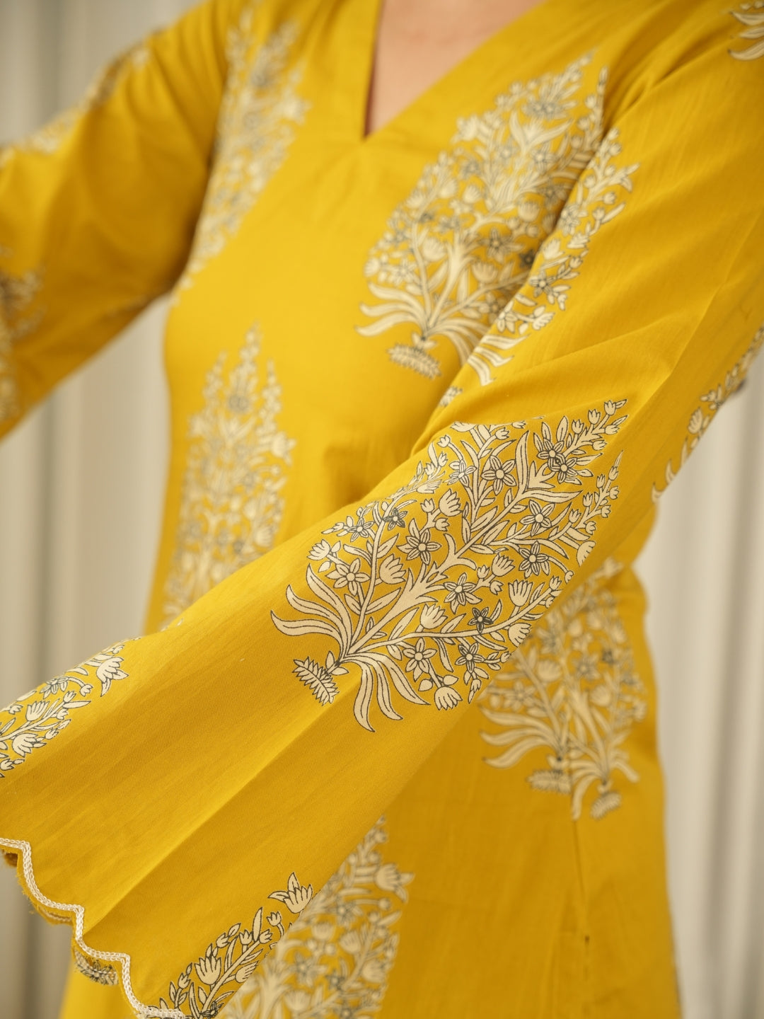 Mustard Bloom Screen Print Cotton Suit Set