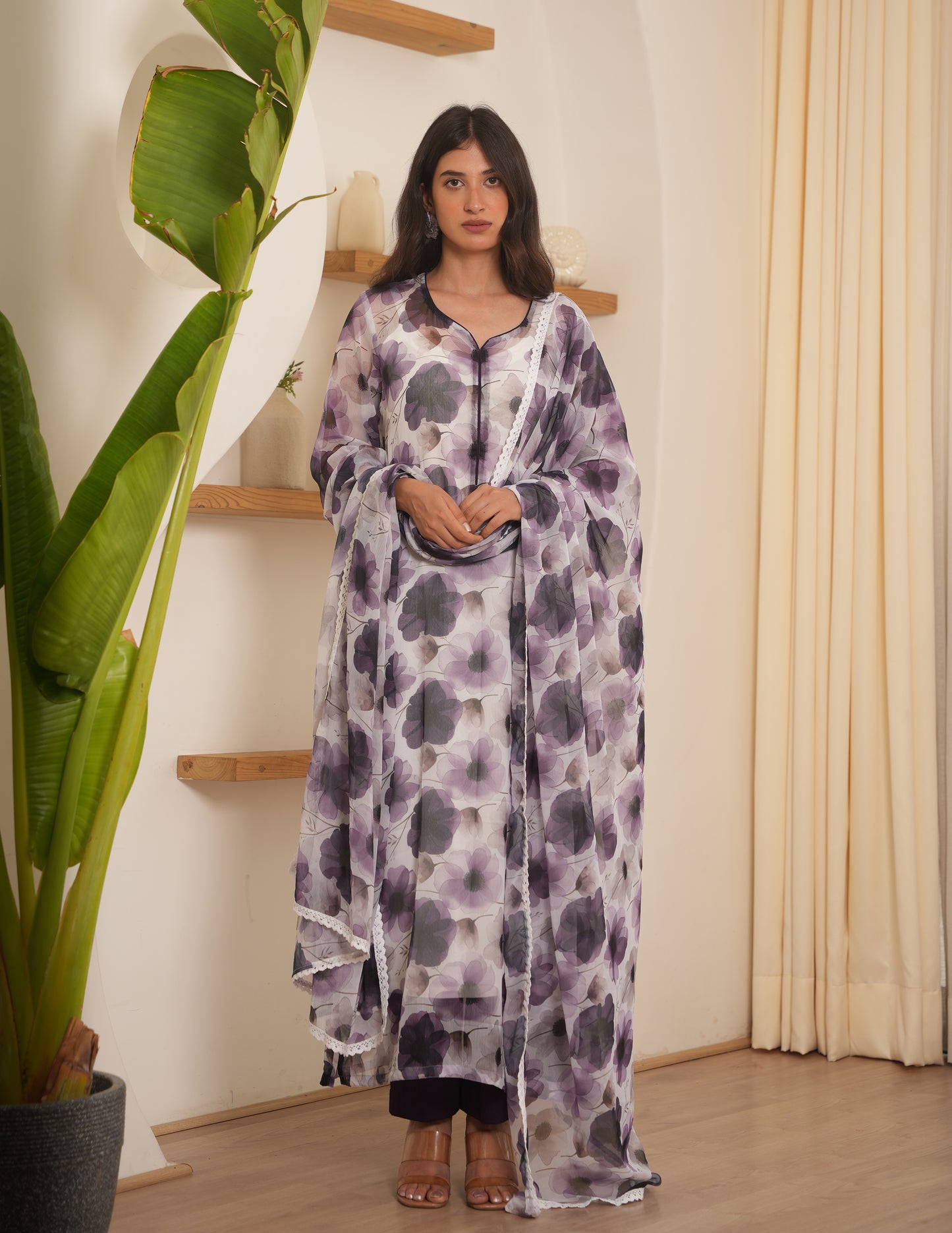 Plumeria Chiffon Floral Straight Suit Set