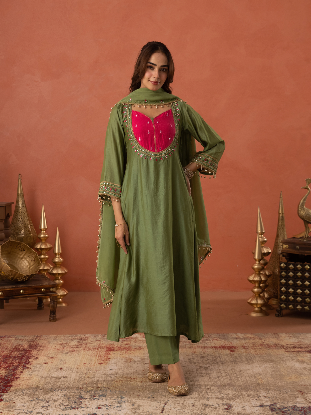Olive Green Chanderi Mirrorwork A- Line Kurta Set