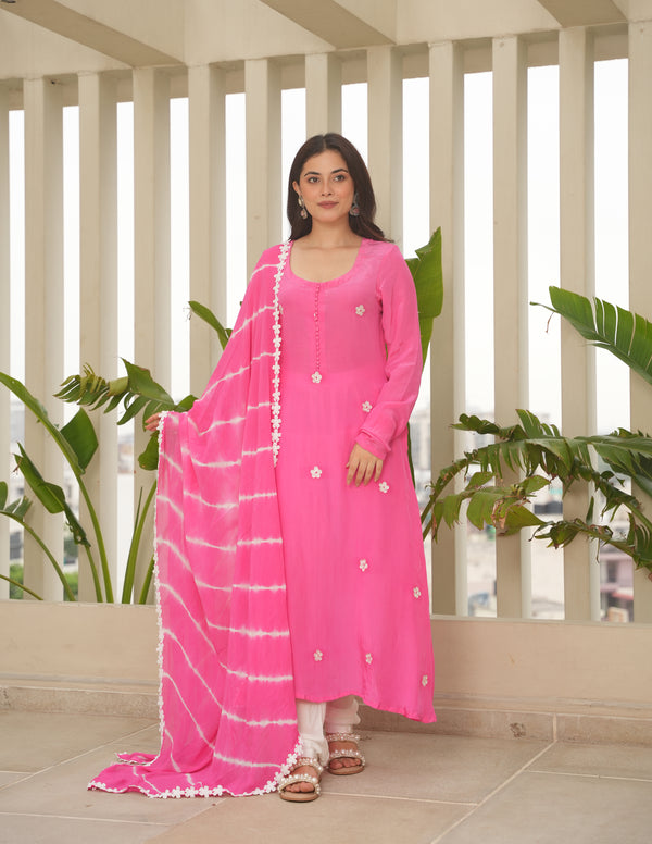 Pink Silk Embroidered Leheriya Suit Set