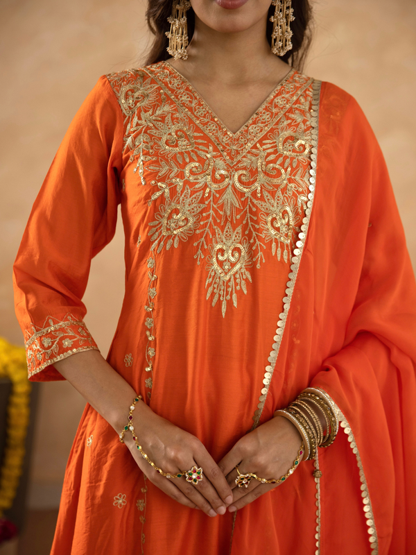 Rust Brown Chanderi A- Line Suit with Aari and Sequnce Work  Detailing