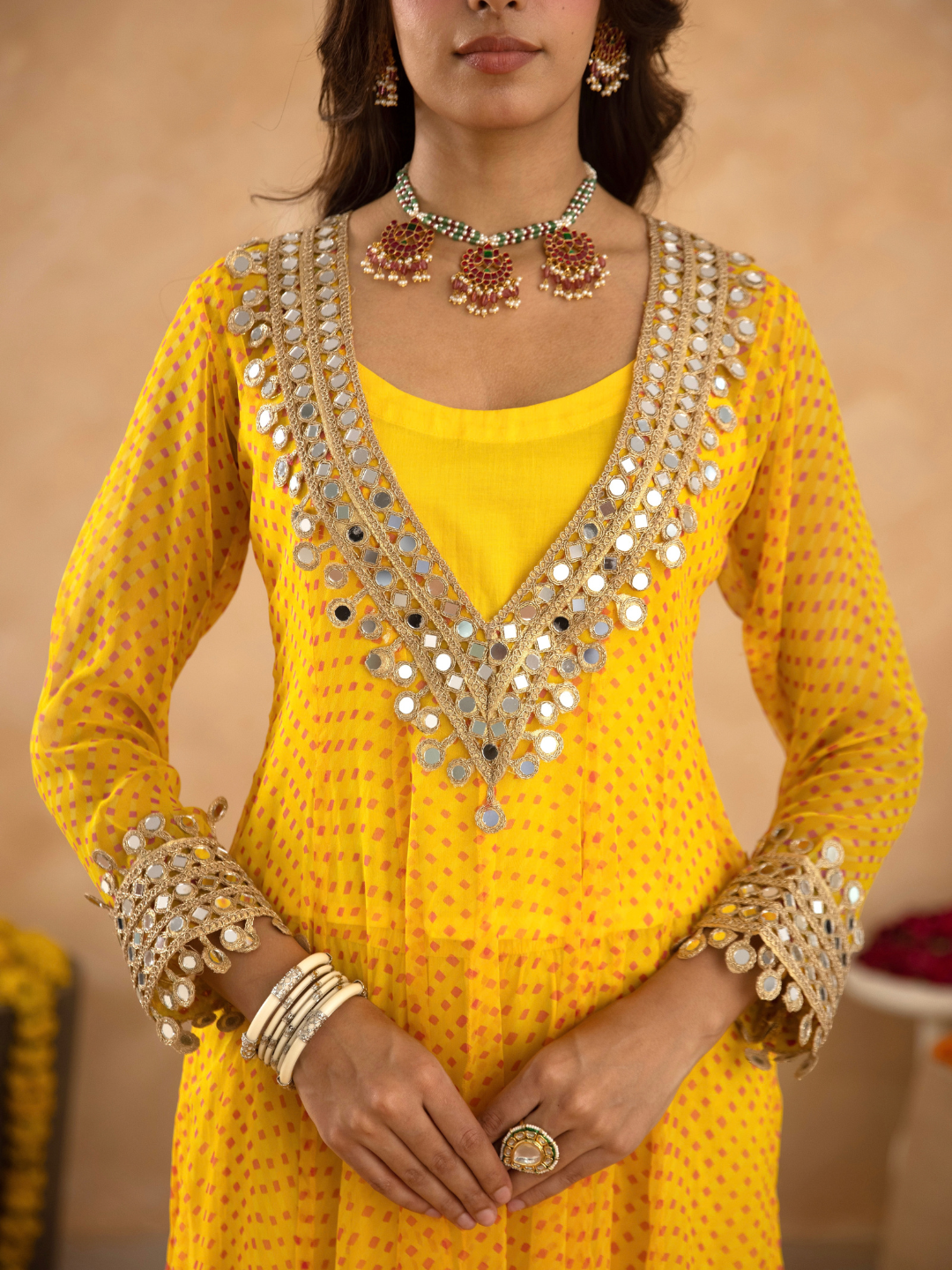 Yellow Chiffon Bandhej Mirrorwork Kurta Set