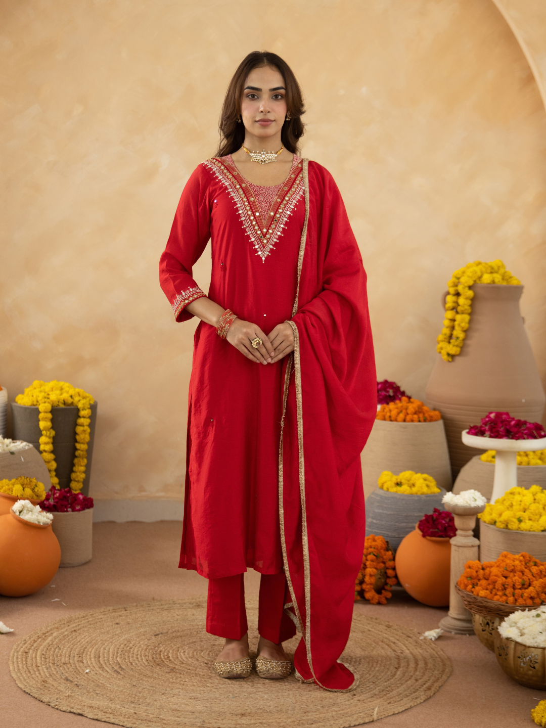 Red Handcrafted Chanderi Mirrorwork Straight Kurta Set