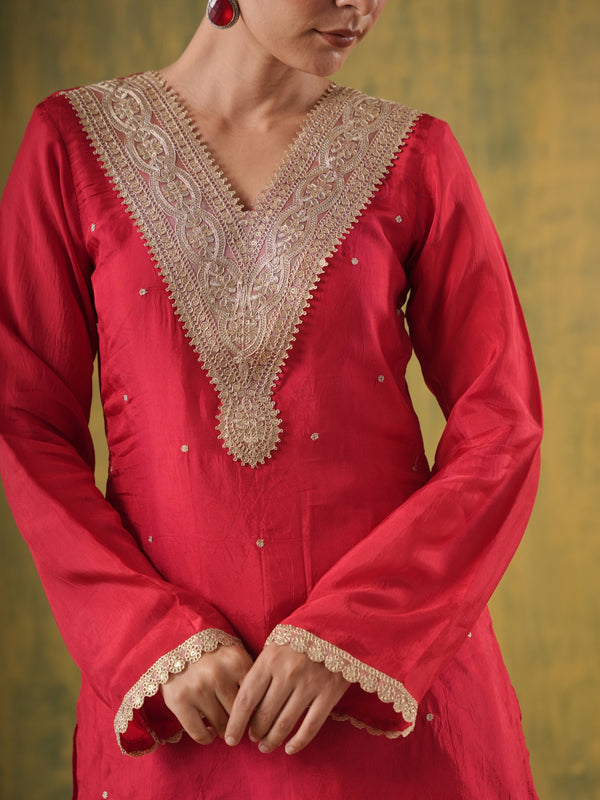 Noorani Red Embroidered Silk Dhoti Set