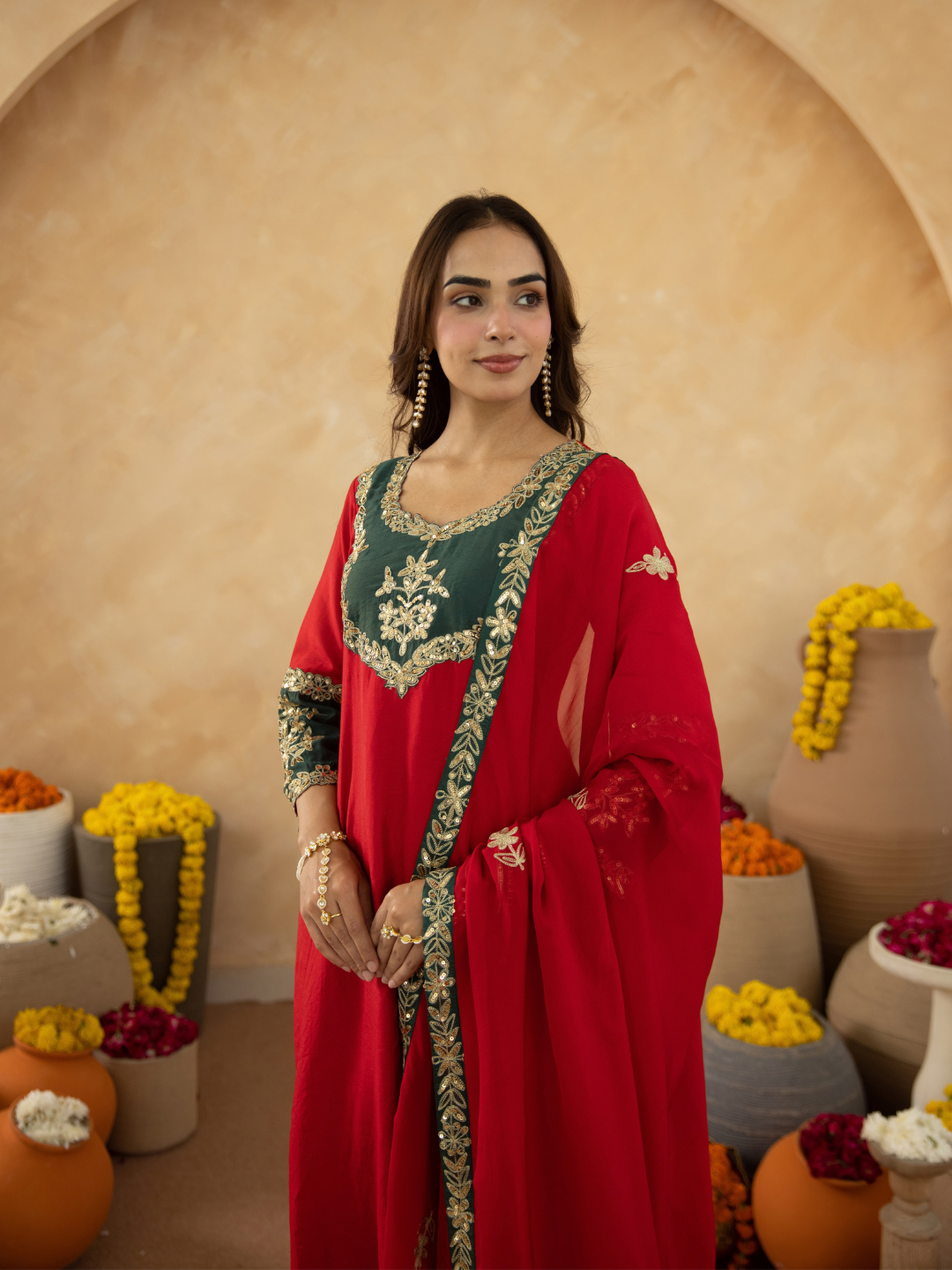 Red Chanderi A-Line Kurta Set with Handwork Detailing &  Organza Dupatta
