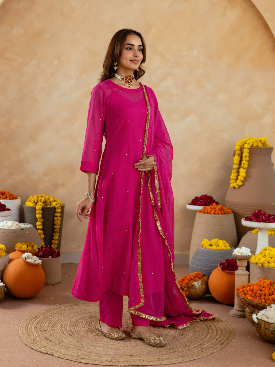 Fuchsia Pink Doria Hand Embroidered A- Line Kurta  Set