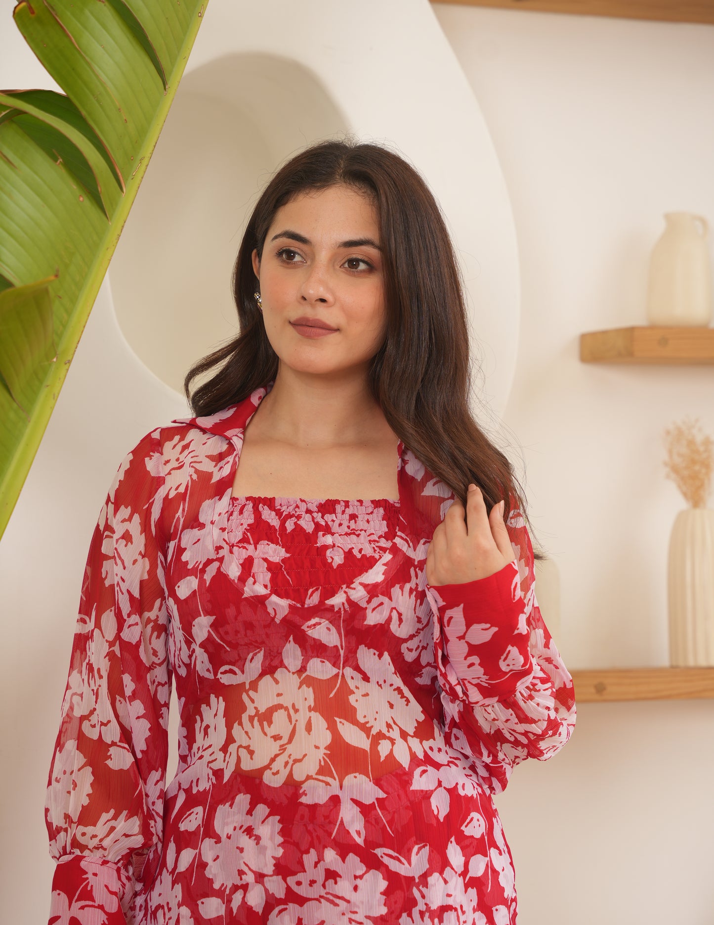 Cora Red Chiffon Kurta Set With Smocked Blouse