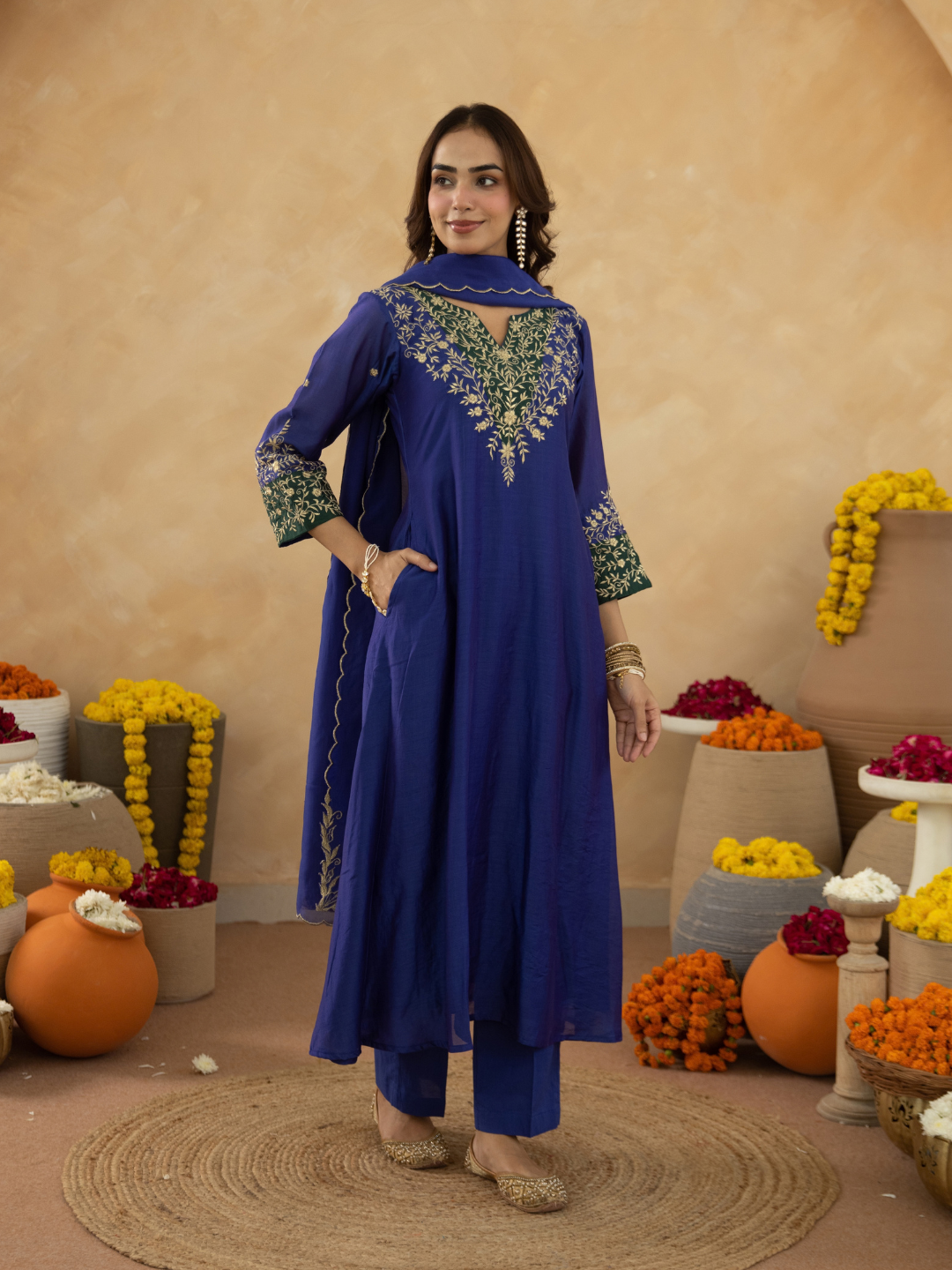 Royal Blue Zari Embroidered A-Line kurta with Dupatta