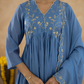 Dusty Blue Chanderi Zari Embroidered Gathered  Kurta Set