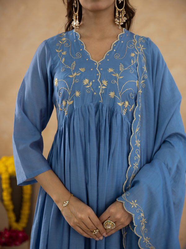 Dusty Blue Chanderi Zari Embroidered Gathered  Kurta Set