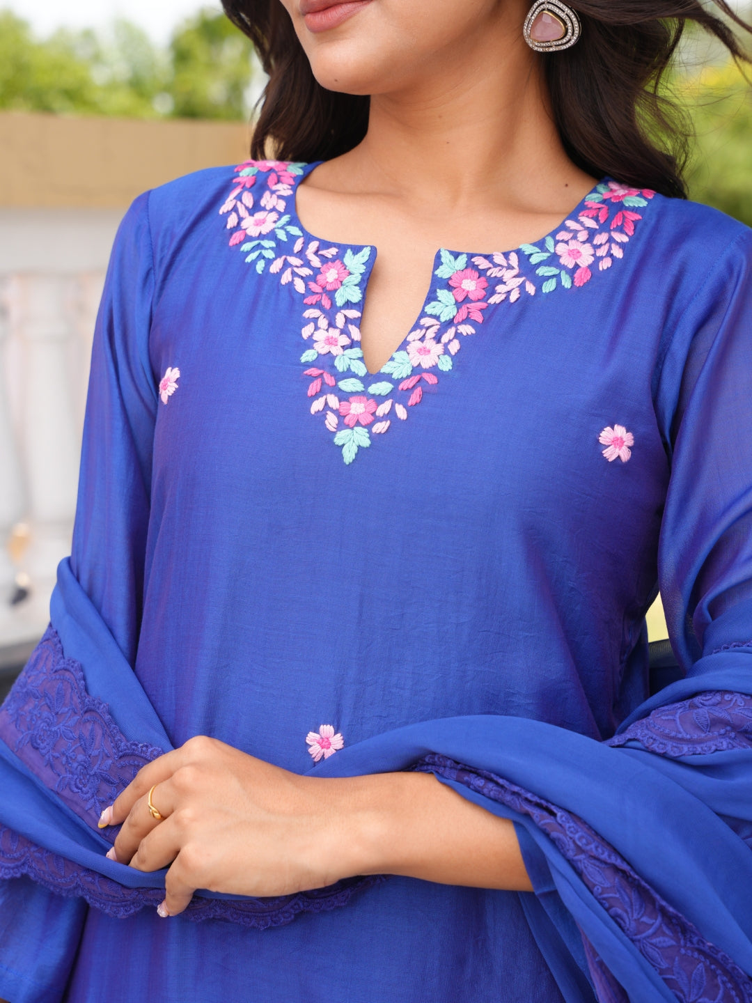 Blue Floral Handwork Chanderi A-Line Kurta Set