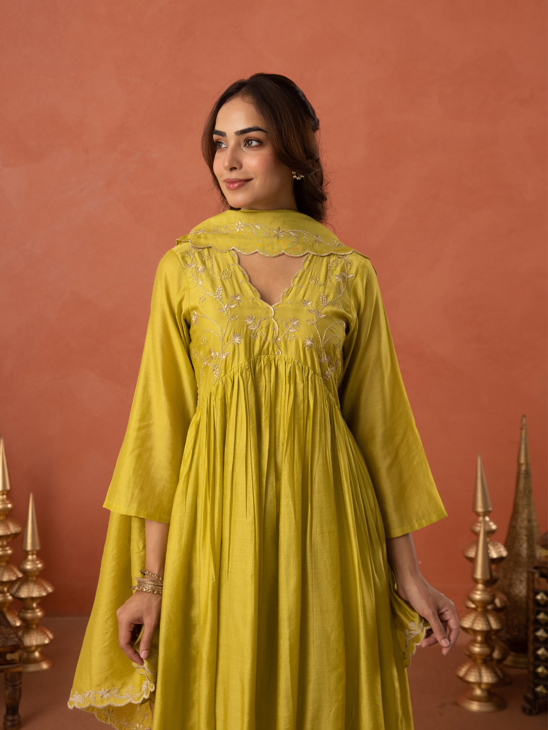Mustard Yellow Chanderi Zari Embroidered Gathered  Kurta Set