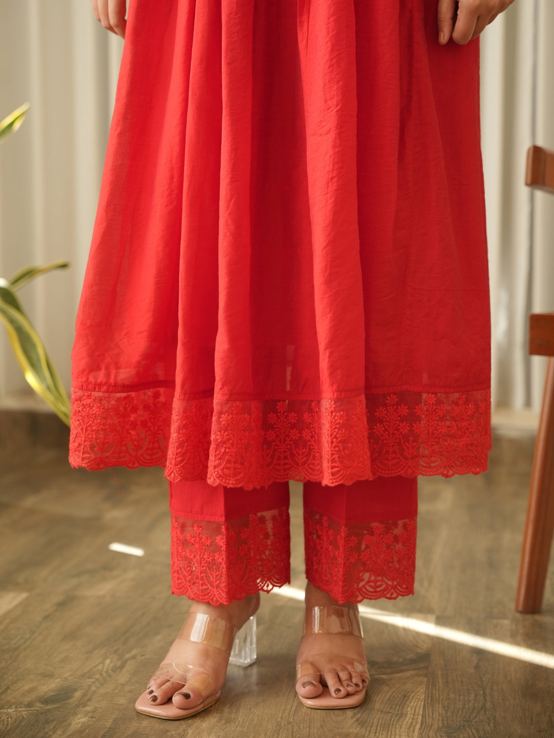 Crimson Red Aari Embroidered Chanderi Suit Set