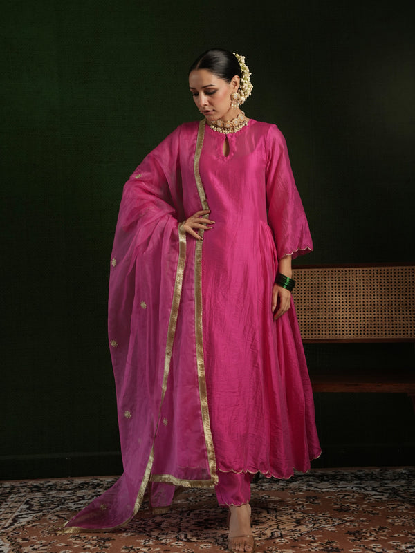 CHAAND BERRY PINK CHANDERI CUTWORK EMBROIDERED SUIT SET