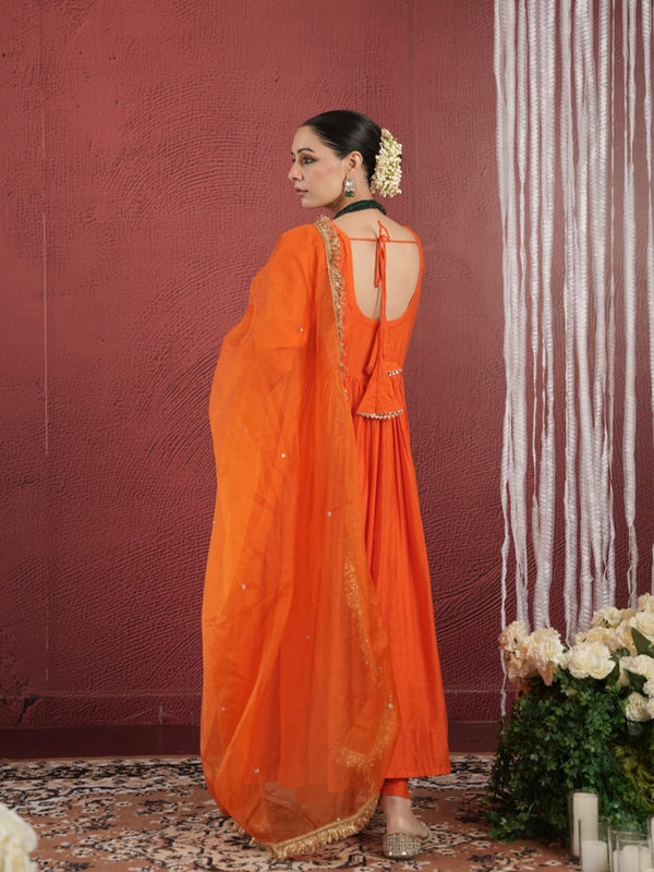 CHAAND ORANGE SILK GATHERED AARIWORK SUIT SET