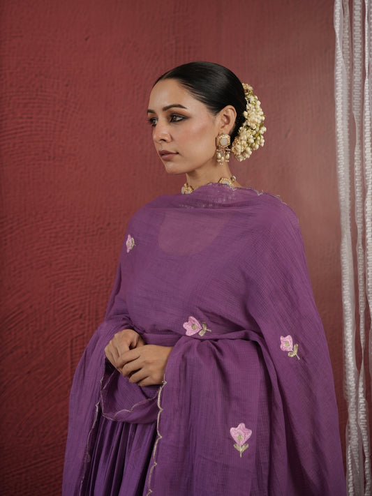CHAAND PURPLE CHANDERI AARIWORK FLORAL SUIT SET