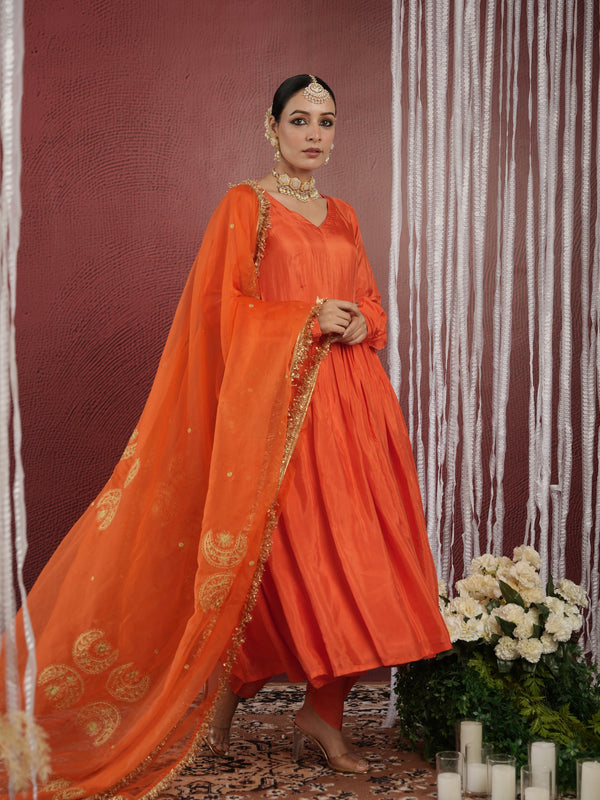CHAAND ORANGE SILK SUIT SET WITH DHOTI BOTTOM