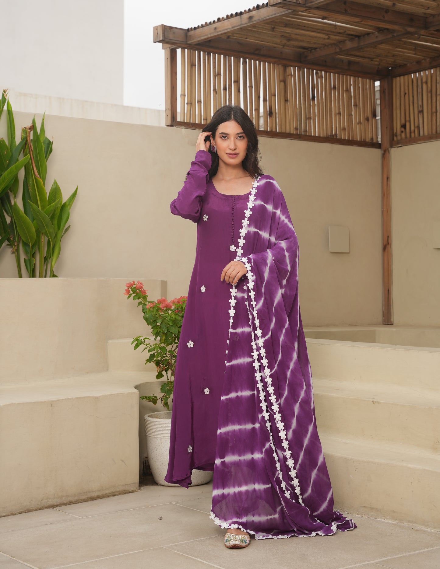 Purple Silk Embroidered Leheriya Suit Set