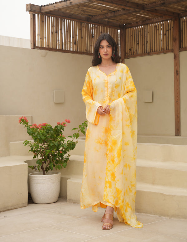 Yellow Silk Shibori Mirror  Work Staright Suit Set