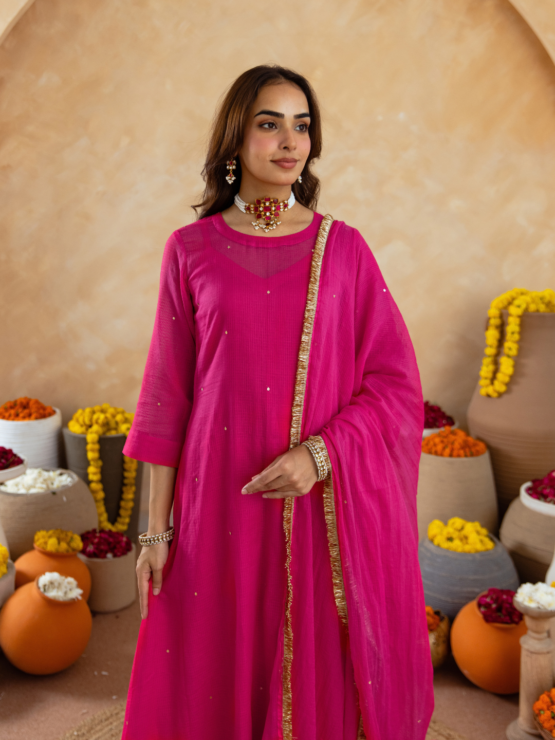Fuchsia Pink Doria Hand Embroidered A- Line Kurta  Set