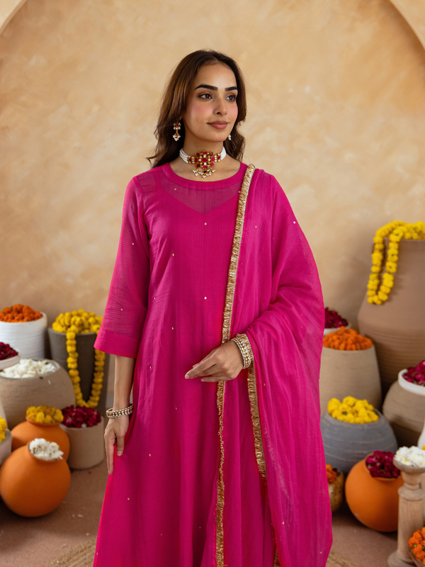 Fuchsia Pink Doria Hand Embroidered A- Line Kurta  Set