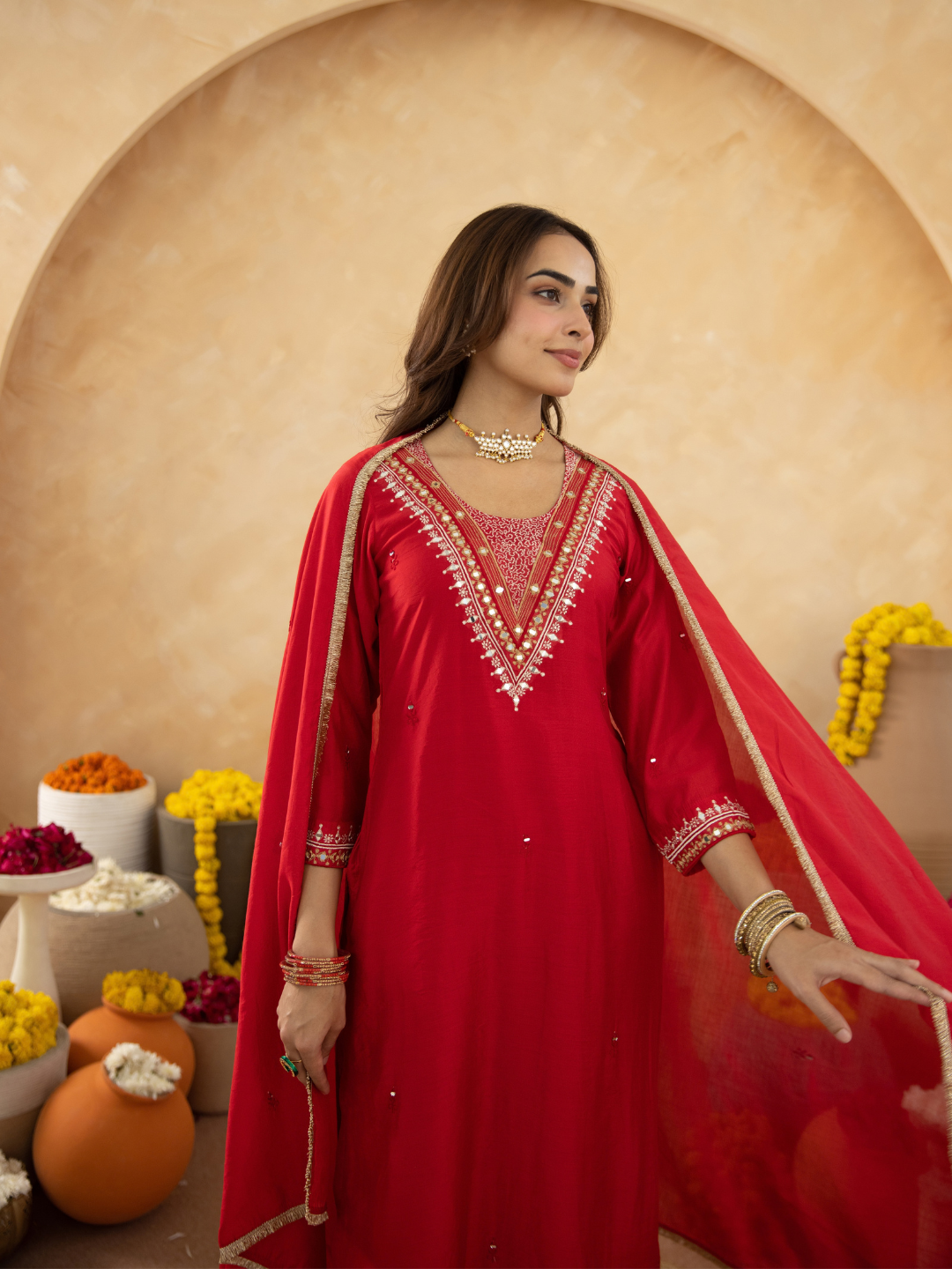 Red Handcrafted Chanderi Mirrorwork Straight Kurta Set