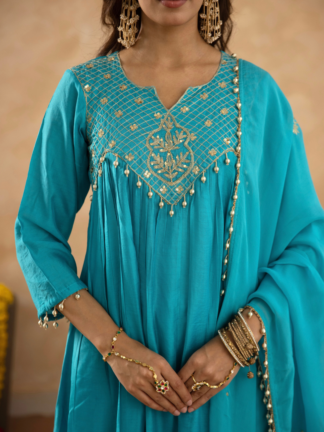 Cyan Blue Chanderi Aari & Handwork Gathered Kurta Set