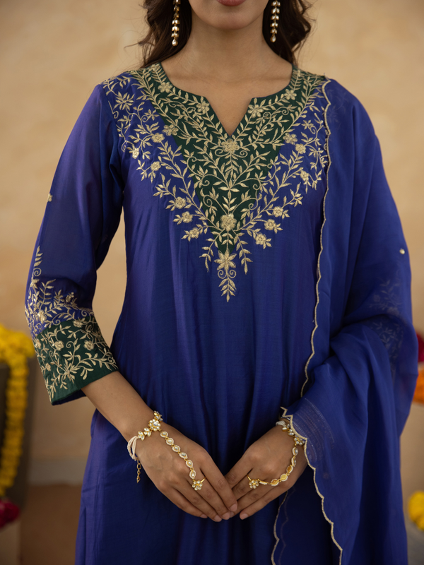 Royal Blue Zari Embroidered A-Line kurta with Dupatta