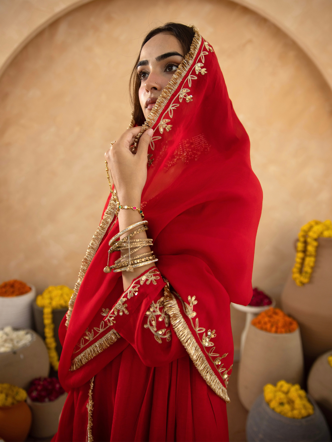 Red Hand Embroidered Chanderi Gathered Kurta Set with  Sequin Dupatta