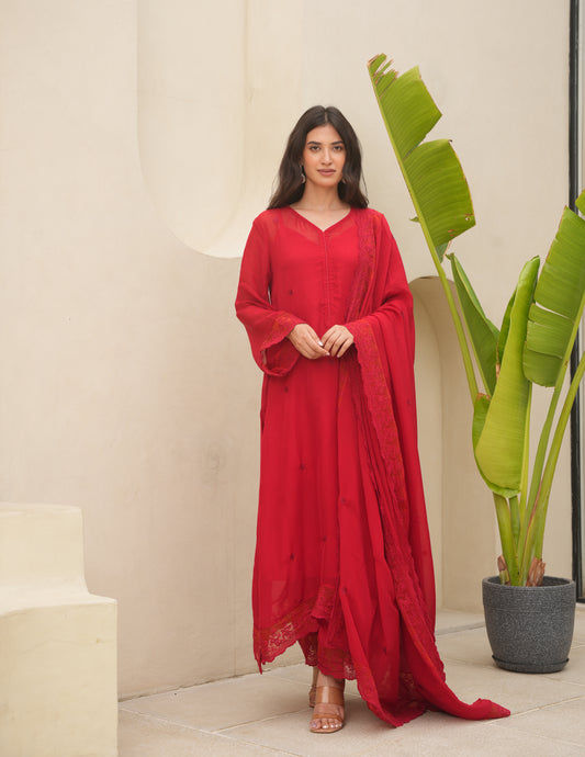 Red Organza Silk Aari Embroidered Suit Set
