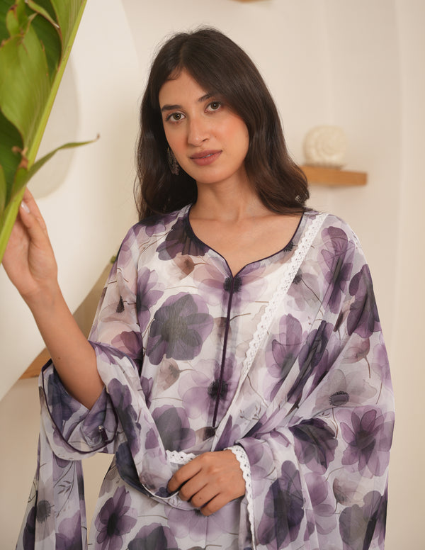 Plumeria Chiffon Floral Straight Suit Set