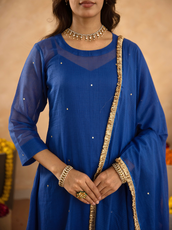 "Royal Blue Doria Hand Embroidered A- Line Kurta  Set"