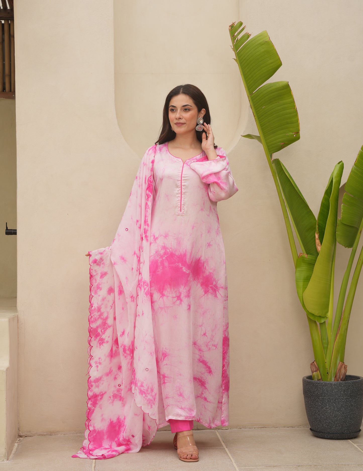Pink Silk Shibori Mirror  Work Staright Suit Set