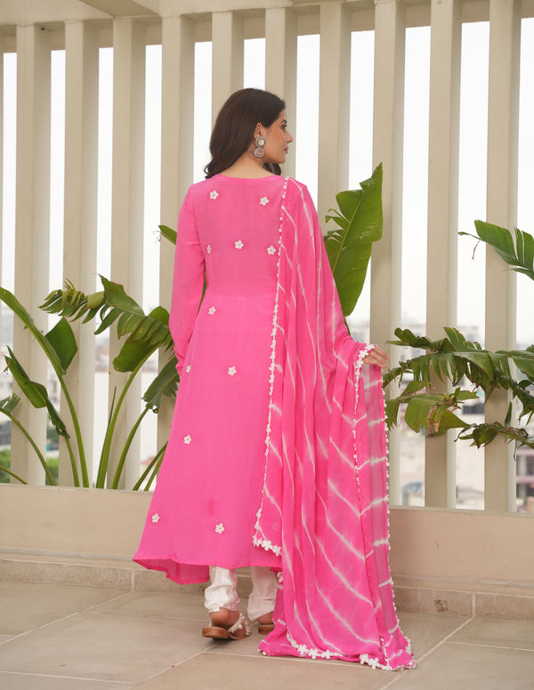 Pink Silk Embroidered Leheriya Suit Set