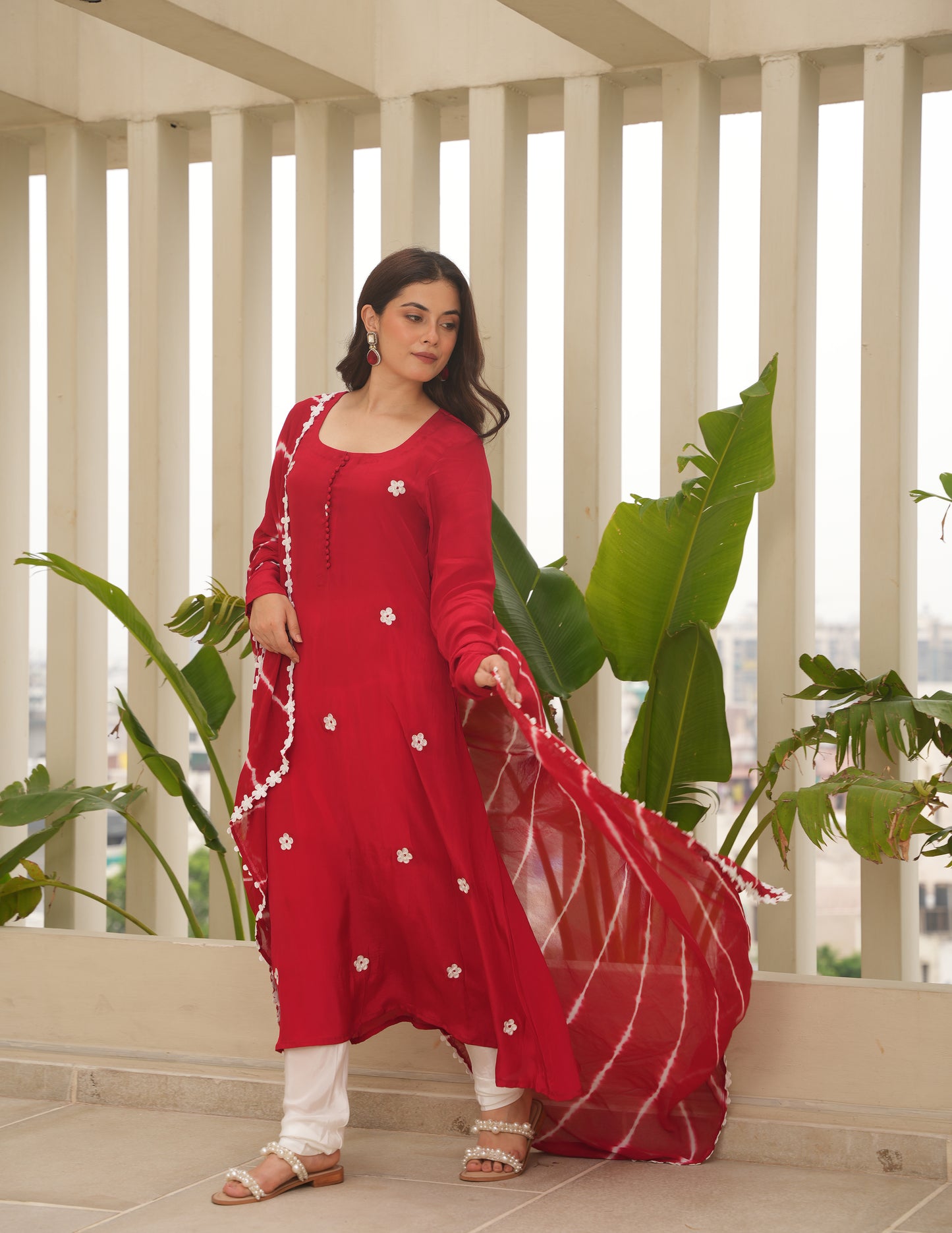Red Silk Embroidered Leheriya Suit Set