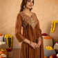 Brown Chanderi Aari & Handwork Gathered Kurta Set