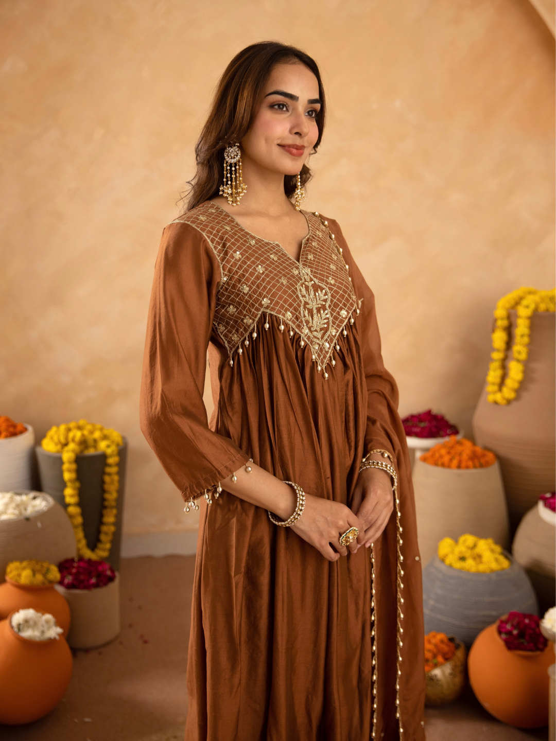 Brown Chanderi Aari & Handwork Gathered Kurta Set