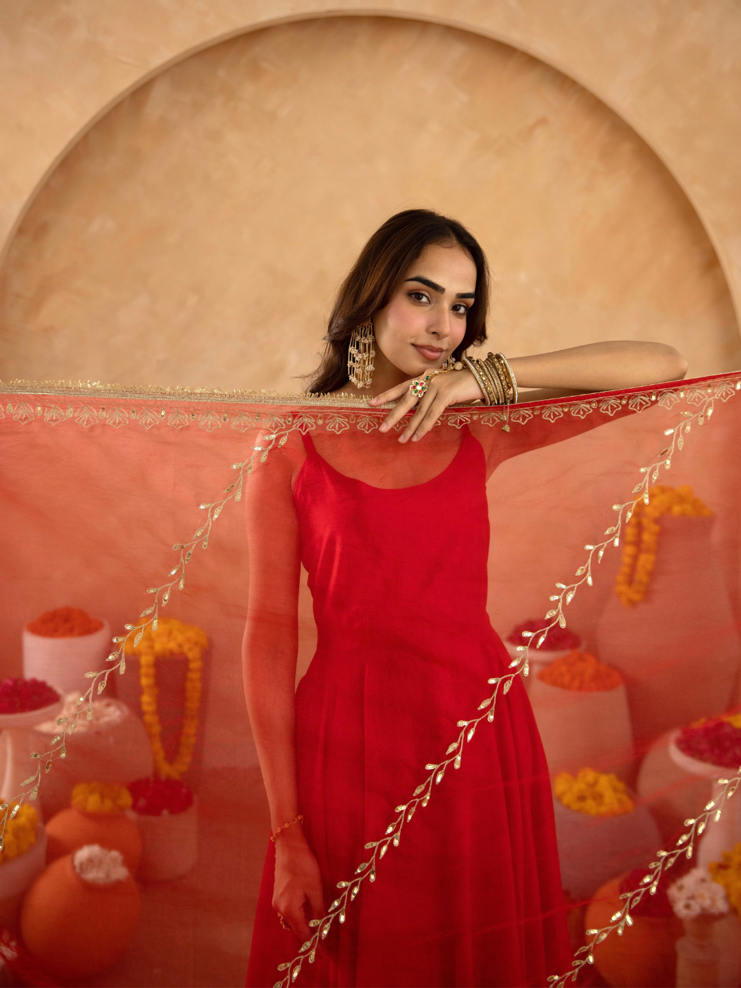 Red Chanderi Anarkali with Aari Work & Sequin Embellished  Dupatta