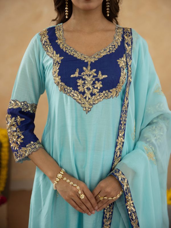 Sky Blue Chanderi A-Line Kurta Set with Handwork Detailing &  Organza Dupatta