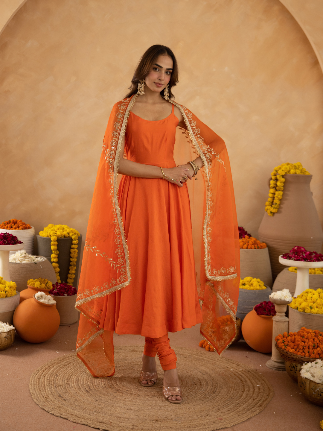 Orange Chanderi Anarkali with Aari Work & Sequin Embellished  Dupatta