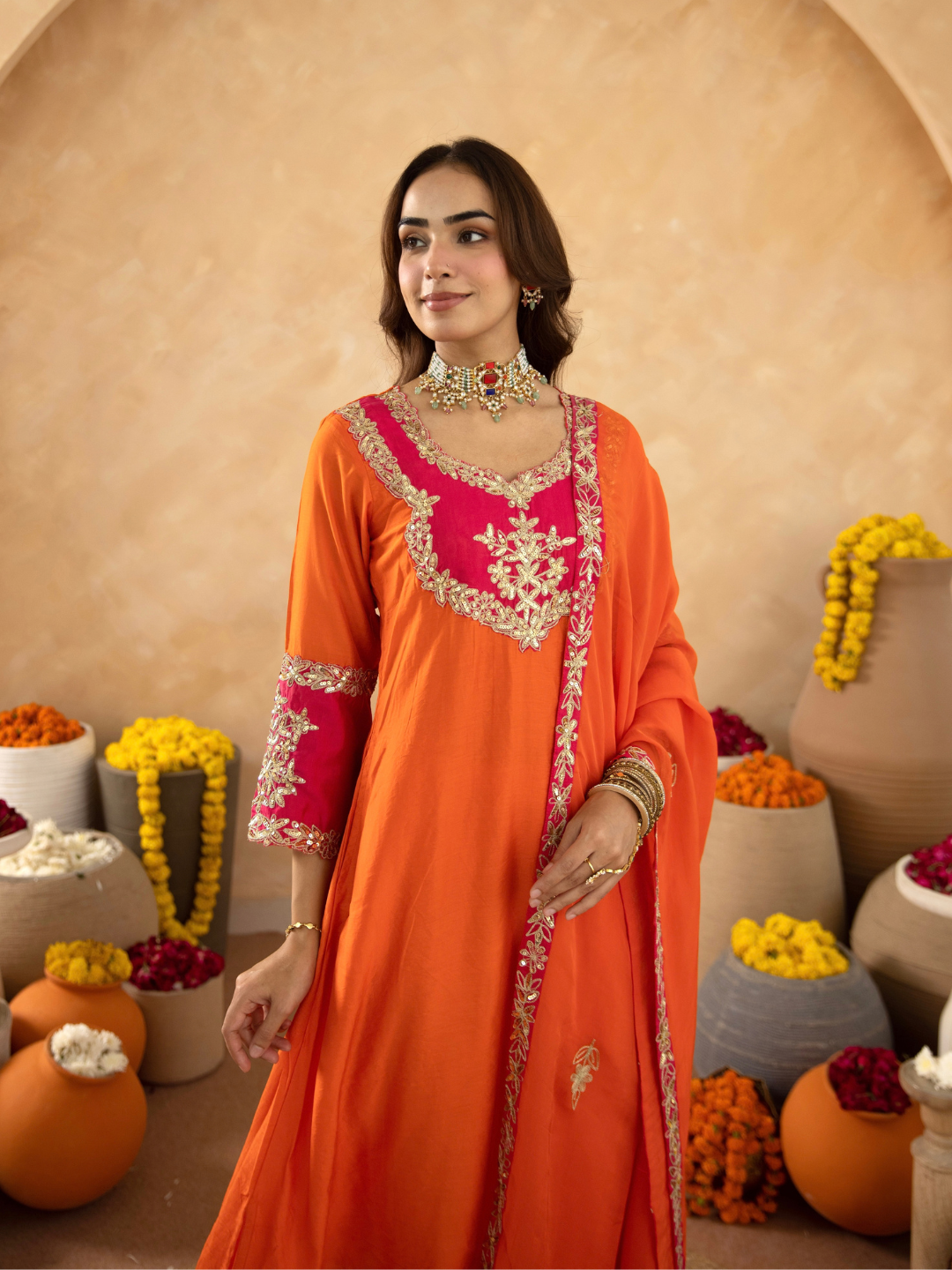 Orange Chanderi A-Line Kurta Set with Handwork Detailing &  Organza Dupatta