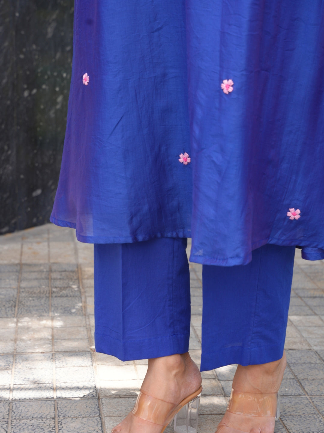 Blue Floral Handwork Chanderi A-Line Kurta Set