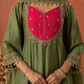 Olive Green Chanderi Mirrorwork A- Line Kurta Set