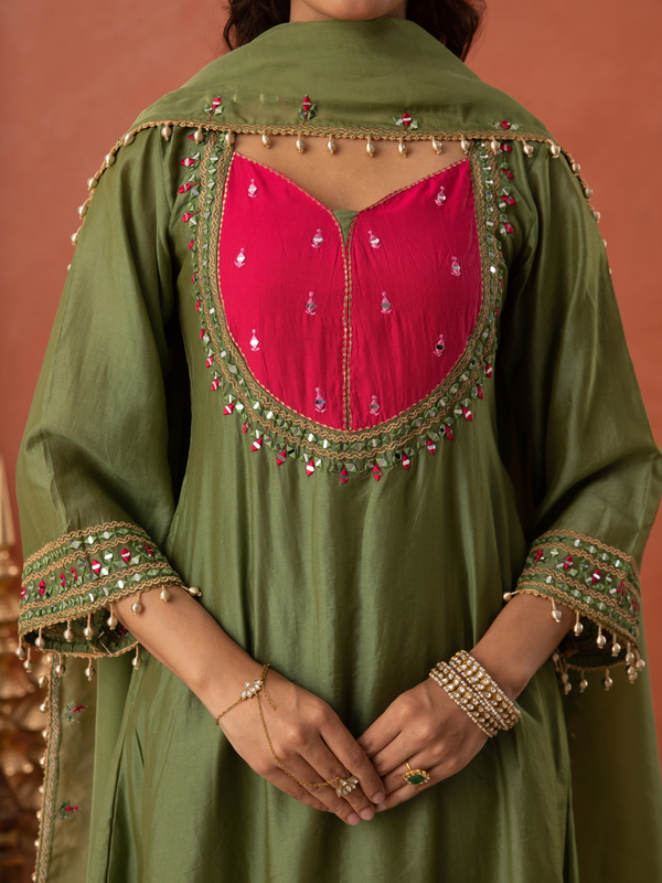 Olive Green Chanderi Mirrorwork A- Line Kurta Set
