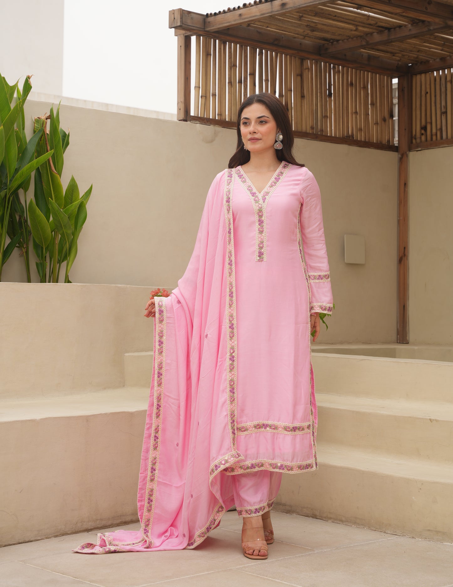 Pink Maslin Embroidered Suit Set