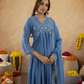 Dusty Blue Chanderi Zari Embroidered Gathered  Kurta Set
