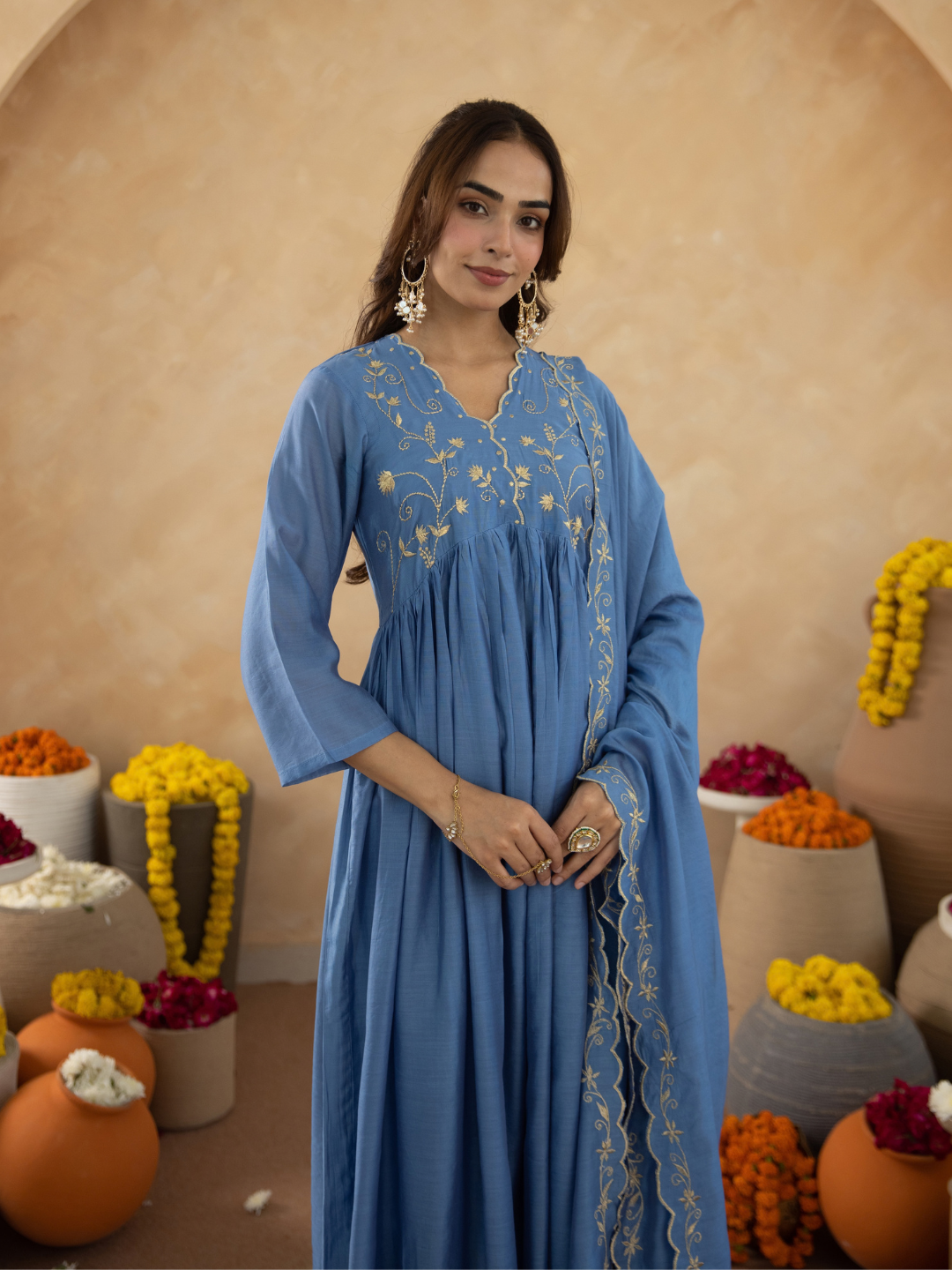 Dusty Blue Chanderi Zari Embroidered Gathered  Kurta Set